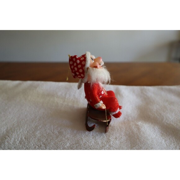 Vtg Christmas Chubby Cheeks Flocked Santa Claus Figure Ornament Plastic Sled 4" - Picture 4 of 11